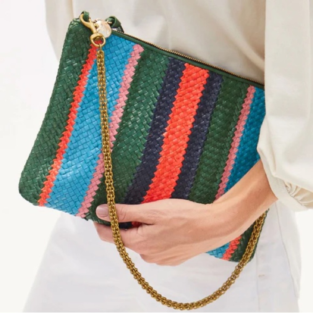 NEW Clare V. Evergreen Stripe Woven Flat Clutch
